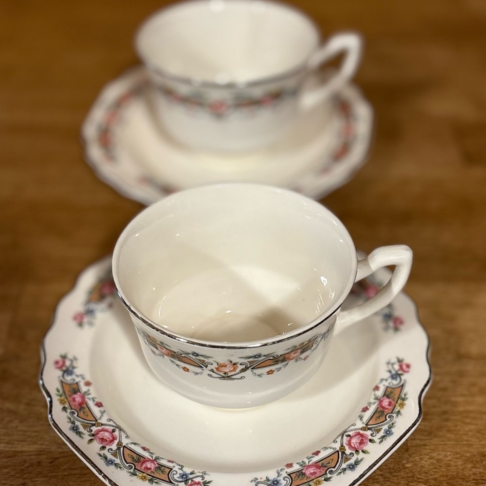 1930's W.S. George Lido Vintage White Set of 2 Tea cups w/ Saucer